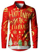 Chemise à manches longues rouge Happy New Year Eve Festival Fireworks pour homme