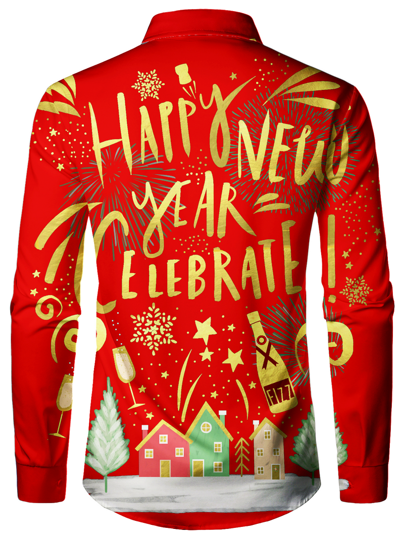 Chemise à manches longues rouge Happy New Year Eve Festival Fireworks pour homme