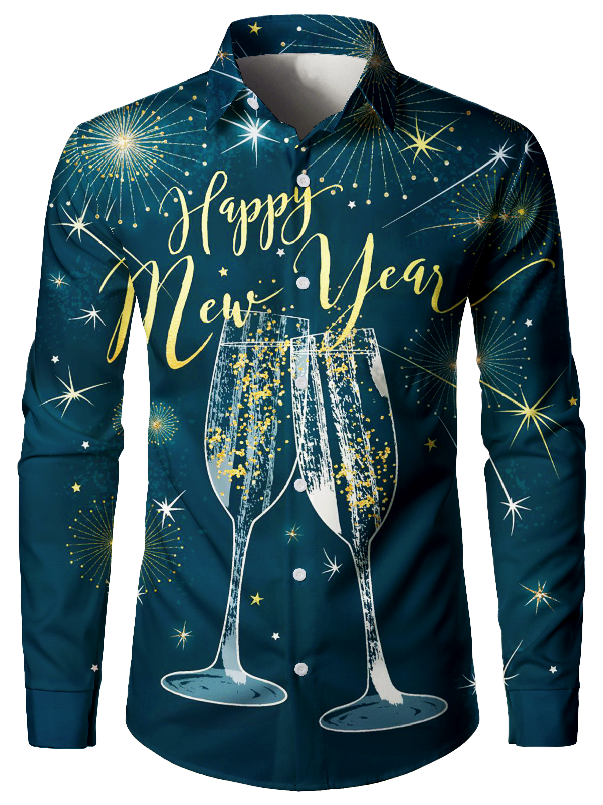 Chemise à manches longues bleue pour hommes Happy New Year's Eve Festival Fireworks Holiday Print