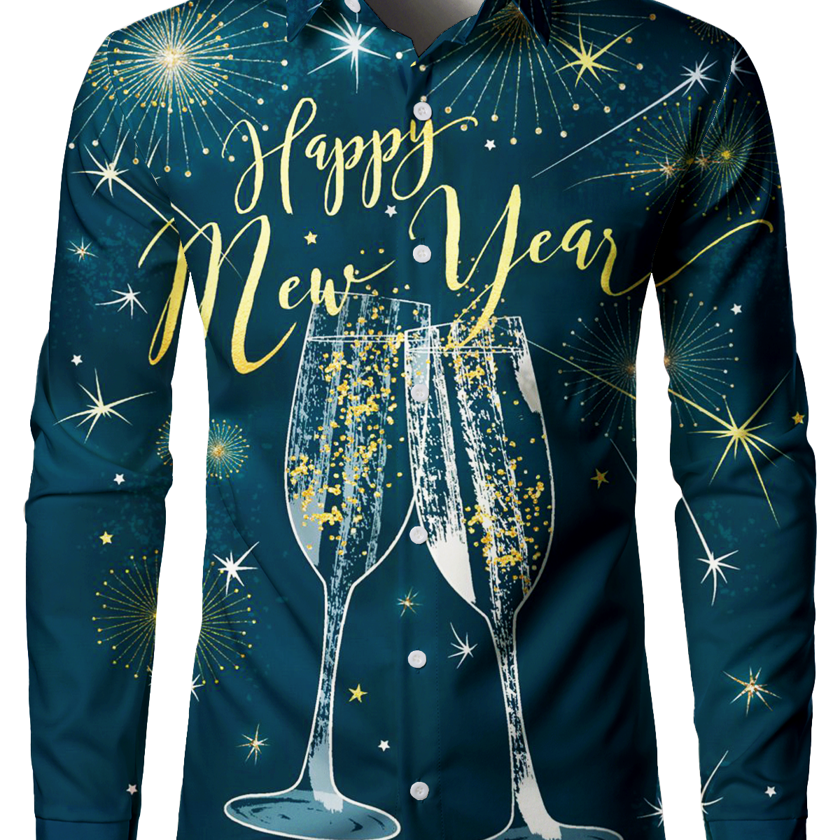 Chemise à manches longues bleue pour hommes Happy New Year's Eve Festival Fireworks Holiday Print