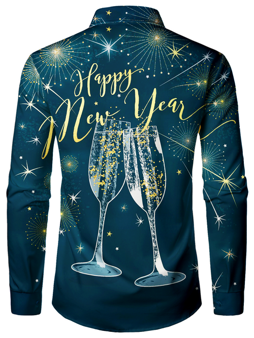 Chemise à manches longues bleue pour hommes Happy New Year's Eve Festival Fireworks Holiday Print