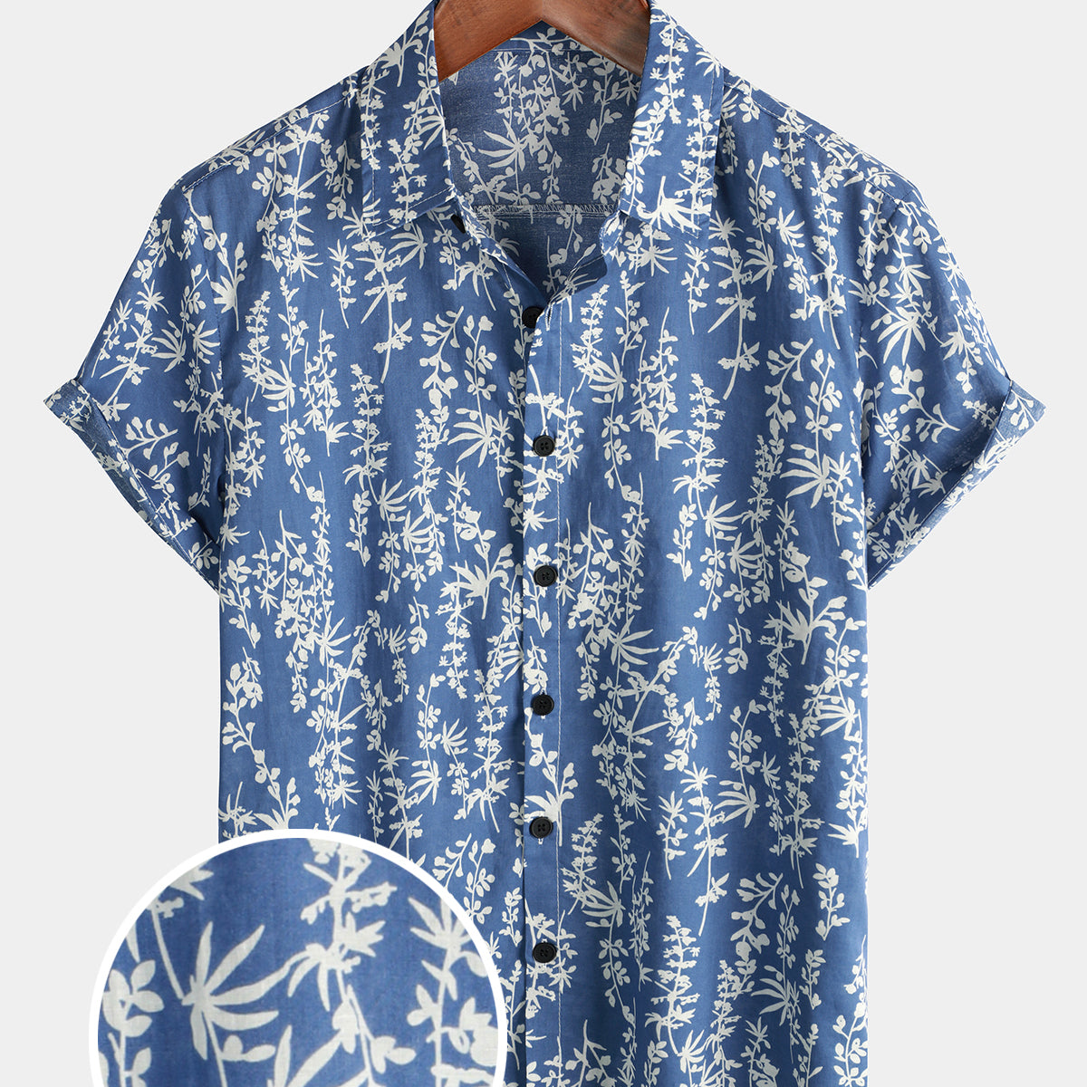 Chemise à manches courtes en coton bleu à imprimé feuilles tropicales pour hommes