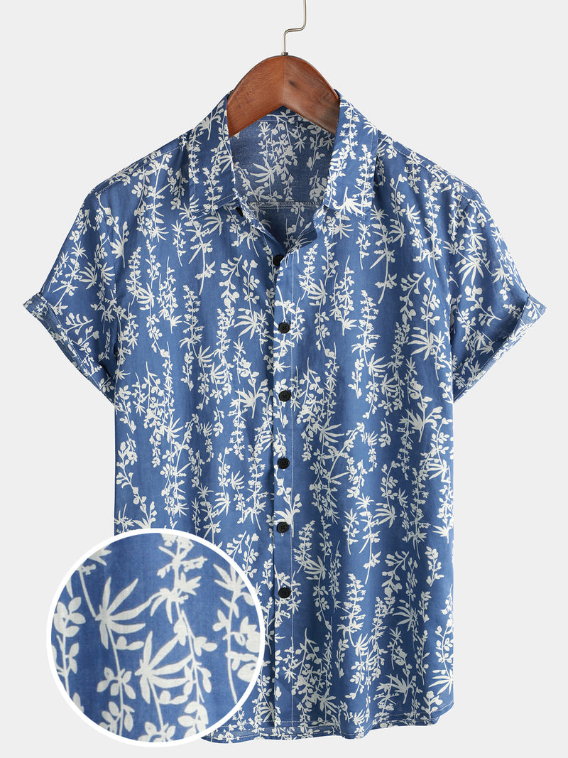 Chemise boutonnée à manches courtes en coton à imprimé feuilles tropicales bleues pour hommes