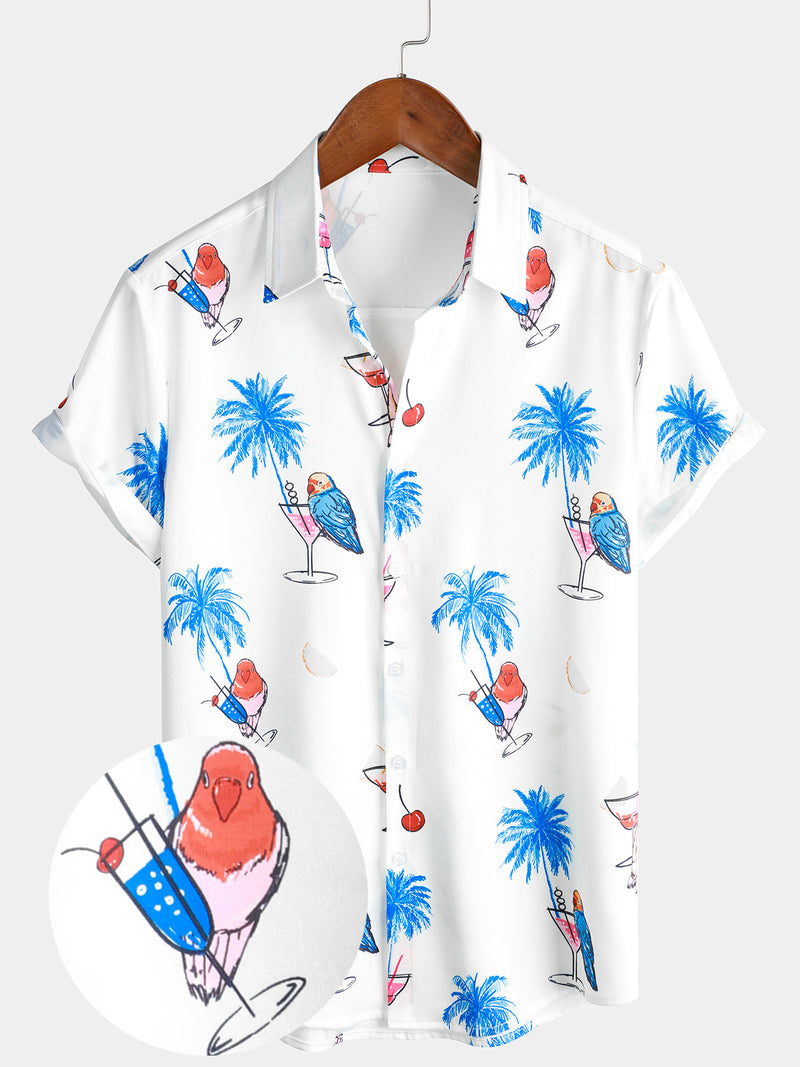 Chemise à manches courtes à manches courtes pour homme avec imprimé palmier tropical et perroquet