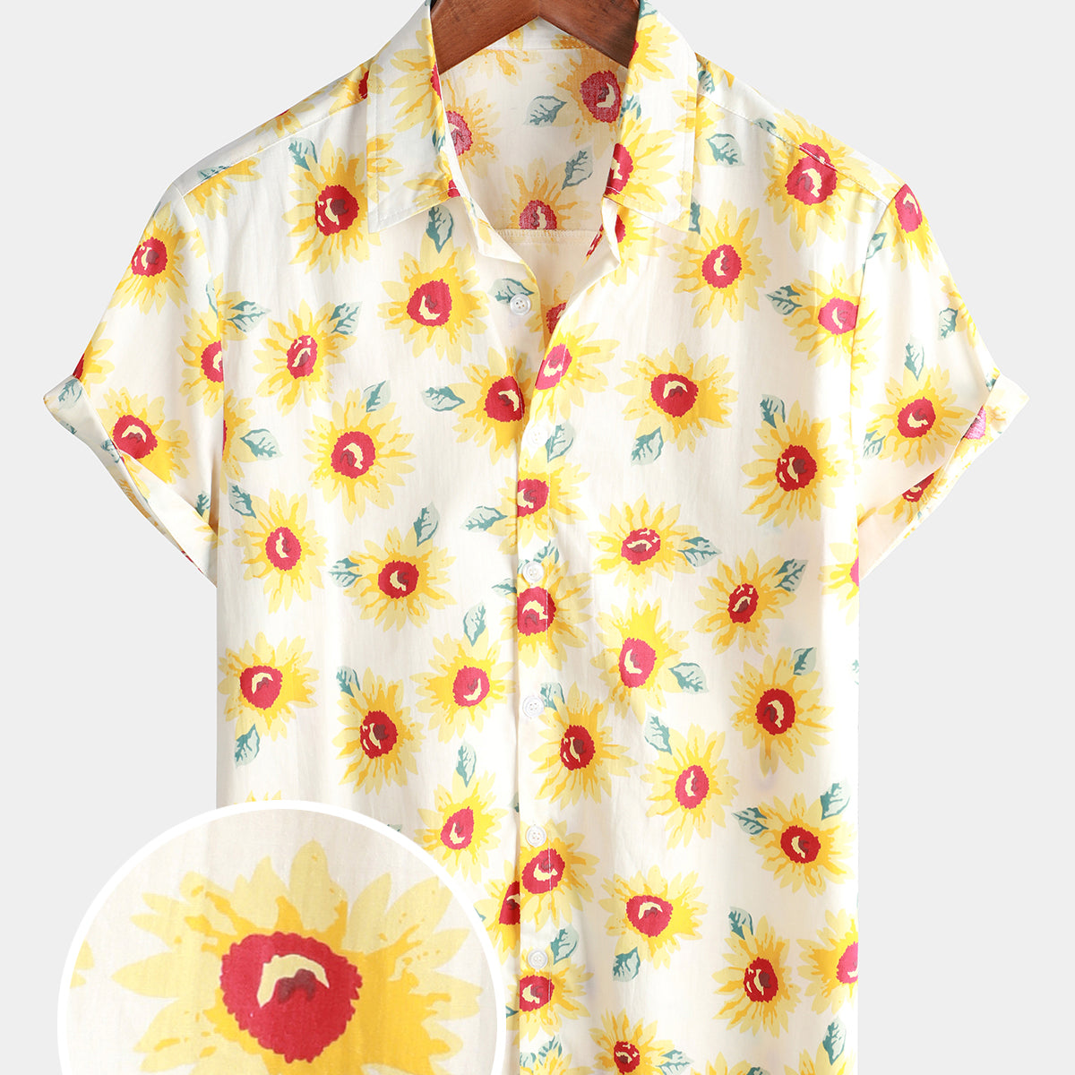 Chemise à manches courtes jaune à boutons de tournesol en coton à fleurs vintage pour hommes