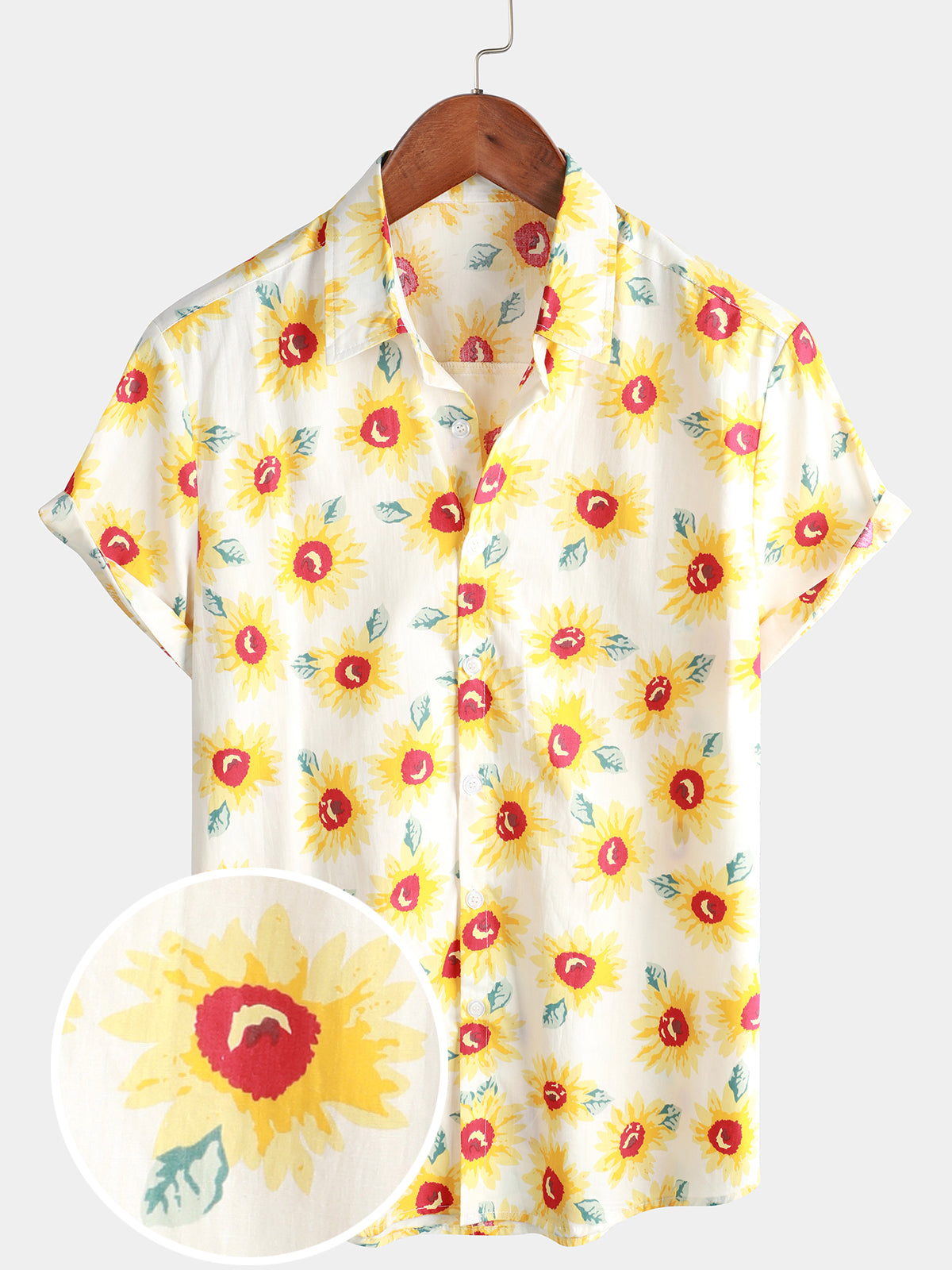 Chemise à manches courtes jaune à boutons de tournesol en coton à fleurs vintage pour hommes