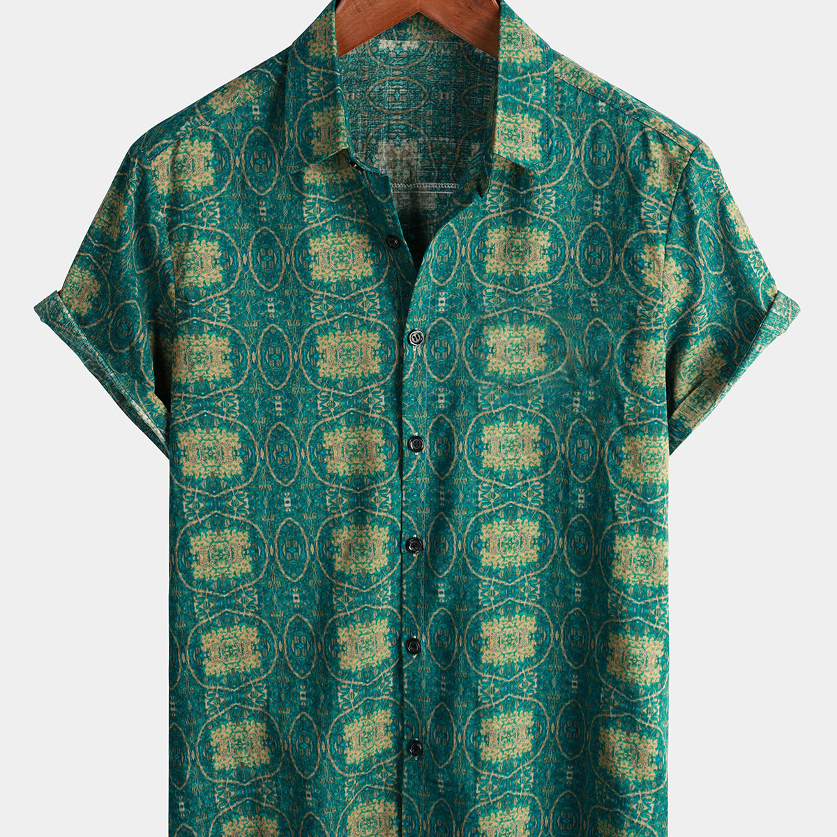 Chemise décontractée à manches courtes en coton rayé vert vintage pour hommes des années 70