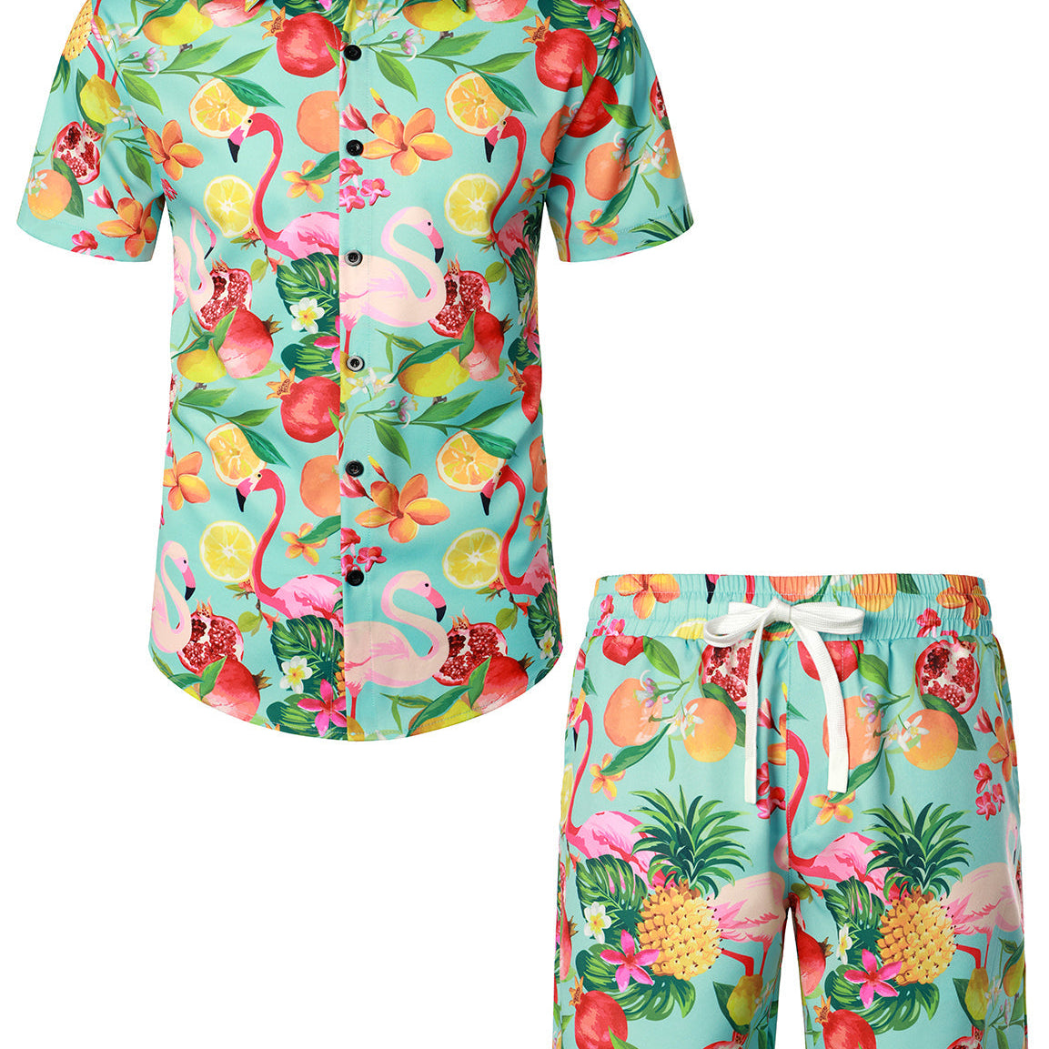 Ensemble chemise et short hawaïen à imprimé flamant rose et ananas pour homme