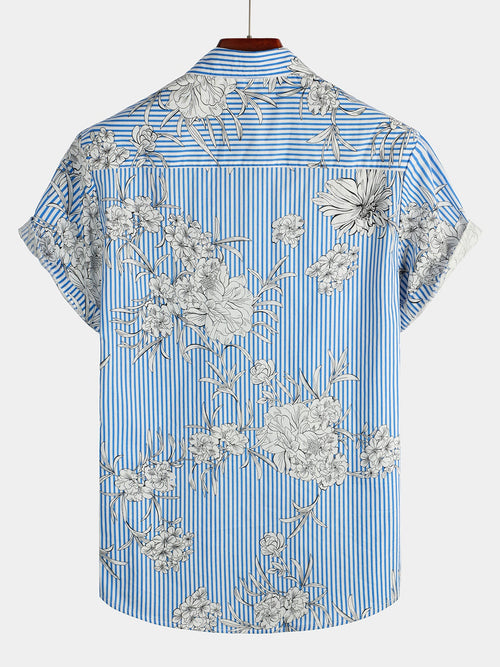 Chemise à manches courtes à imprimé floral et rayé pour hommes