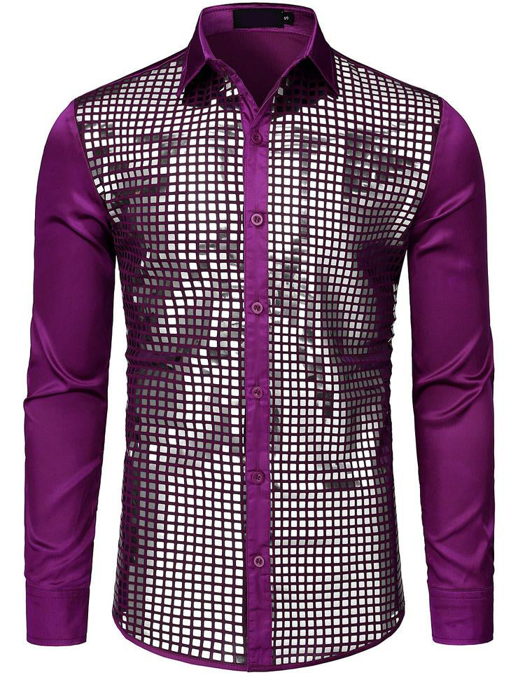 Chemise habillée pour homme paillettes argentées à manches longues boutonnée chemise disco Costume de fête