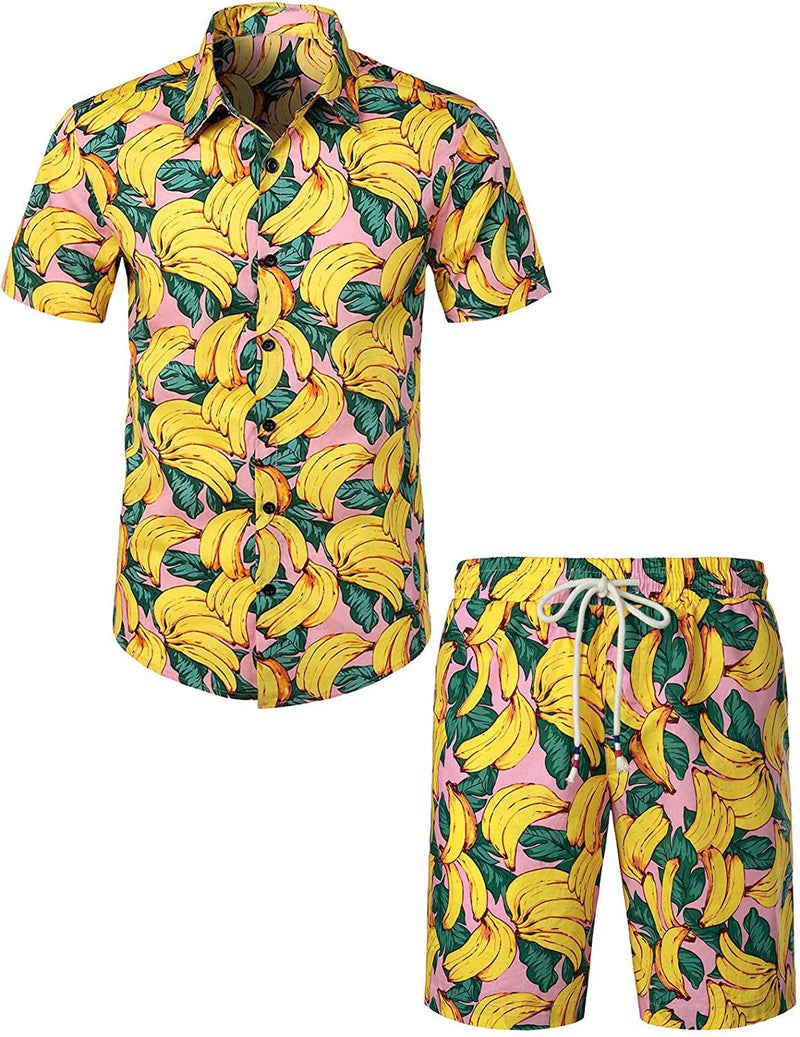 Ensemble chemise hawaïenne et short en coton à imprimé banane pour homme