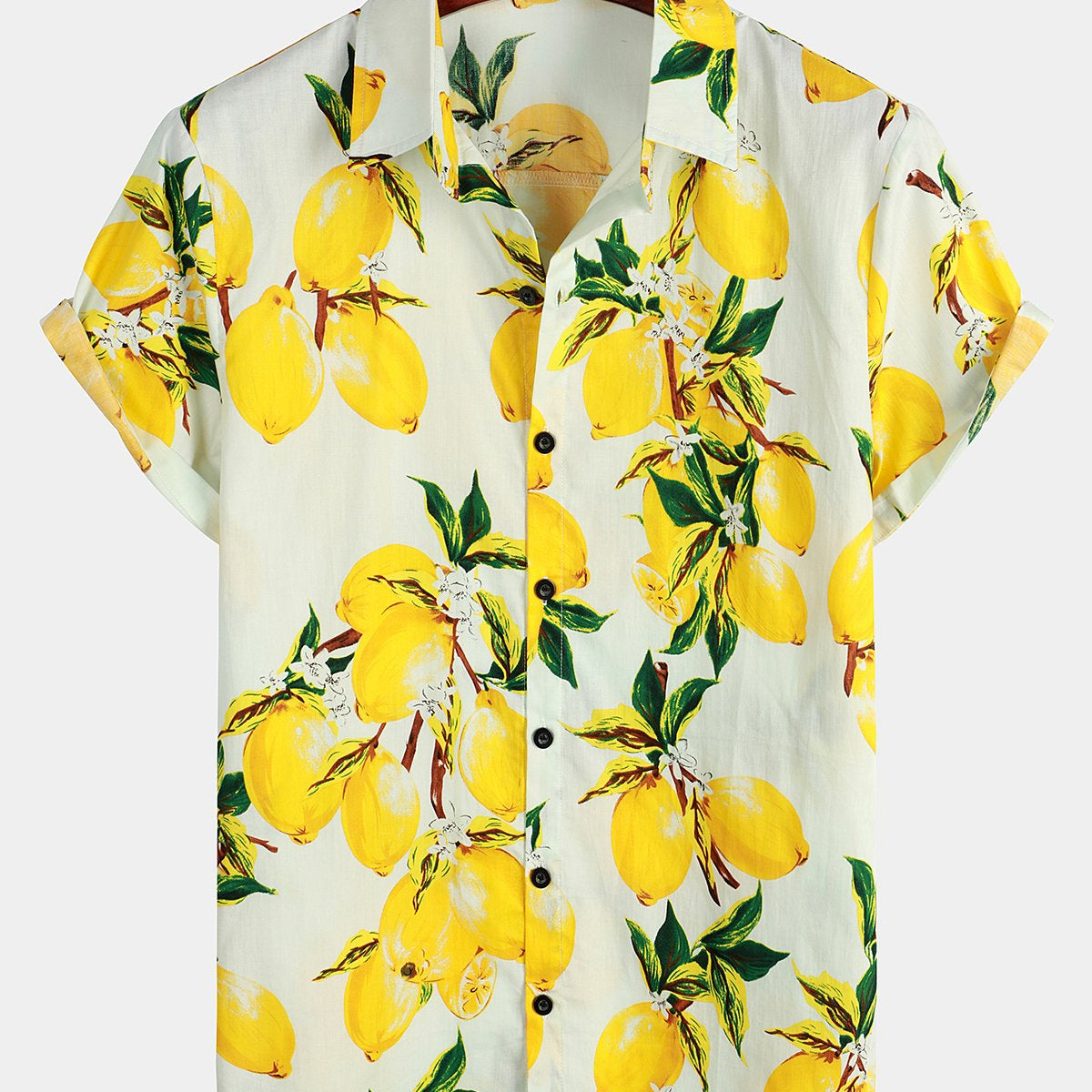 Chemise à manches courtes hawaïenne à imprimé citron jaune tropical pour hommes