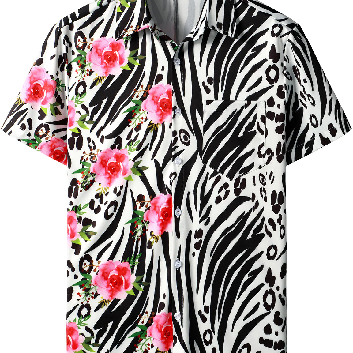 Chemise à manches courtes à manches courtes pour homme Motif léopard des neiges à imprimé floral Noir Fleurs de guépard