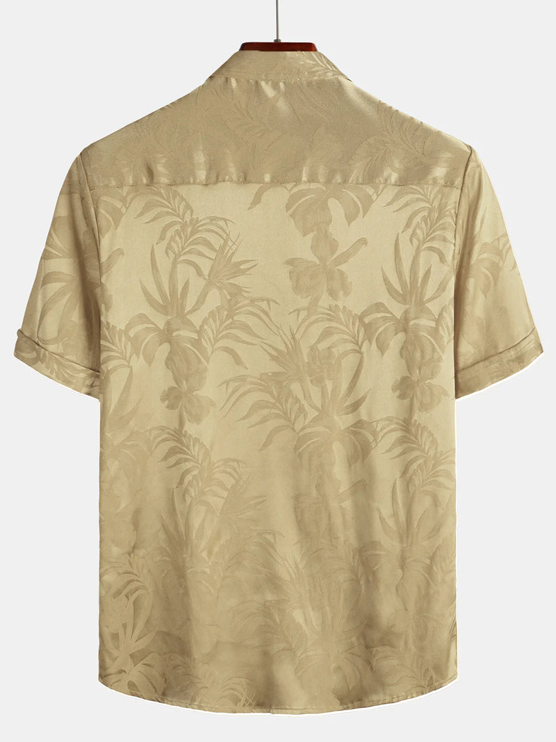 Hommes Jacquard Fleurs Bouton Up Poche Floral Été Cool À Manches Courtes Tops Plage Vacances Chemise