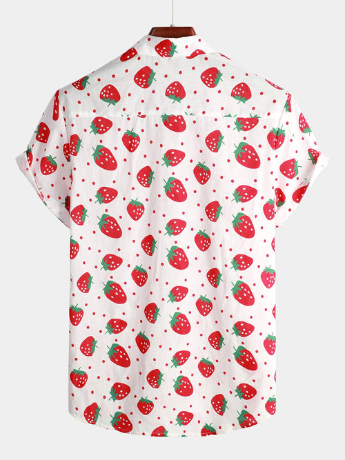 Chemise à col en coton à imprimé fraise et fruits mignons pour hommes