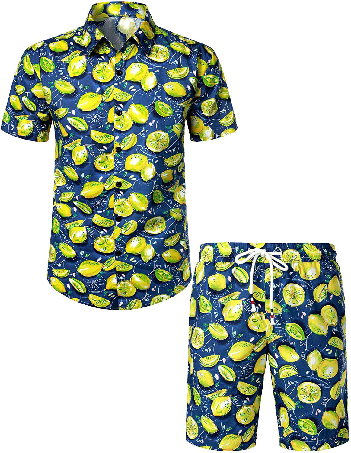 Ensemble chemise hawaïenne et short en coton imprimé citrons pour homme