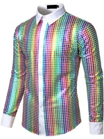 Chemise habillée pour hommes paillettes colorées boutonnées chemises à manches longues Costume de soirée disco