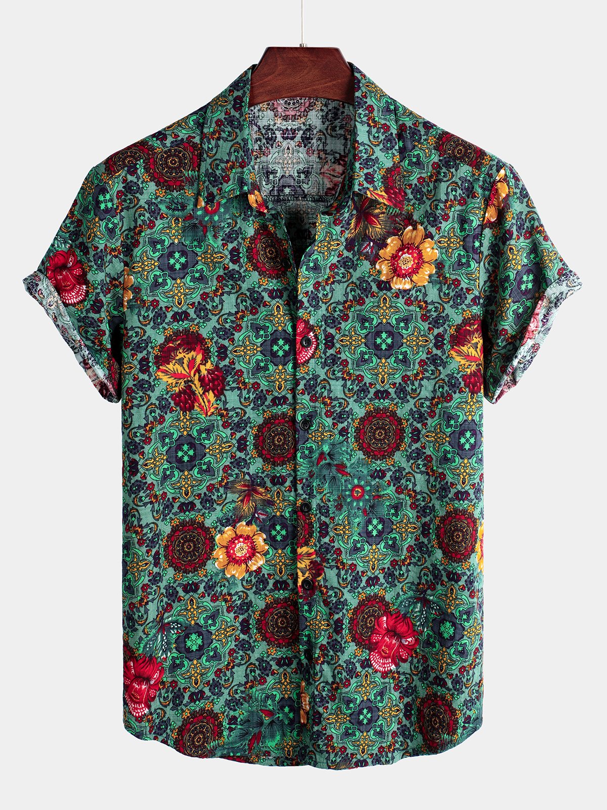 Chemise À Manches Courtes Homme Verte En Coton Imprimé Fleur Vintage