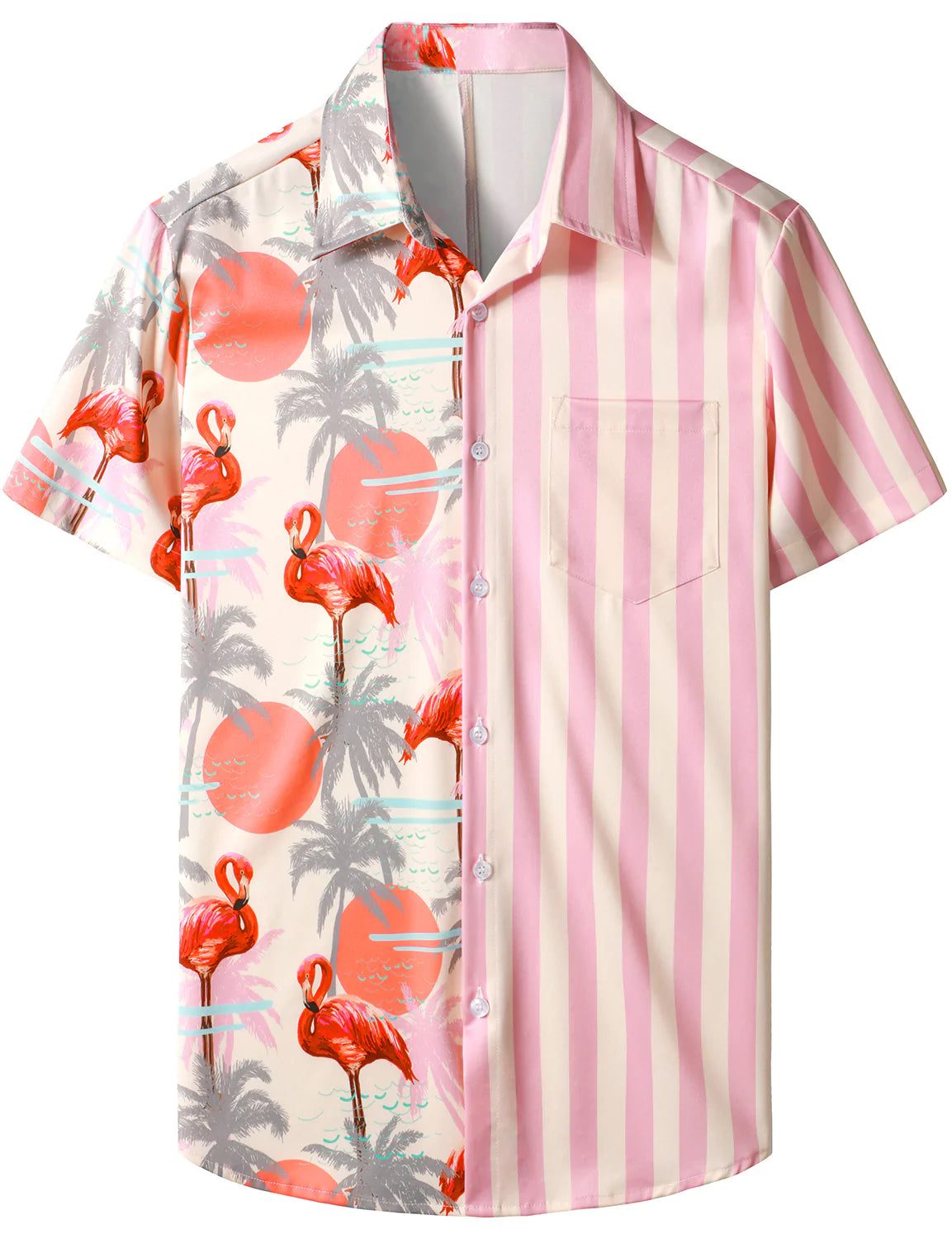 Chemise à manches courtes à imprimé animalier rose à imprimé palmier tropical pour hommes