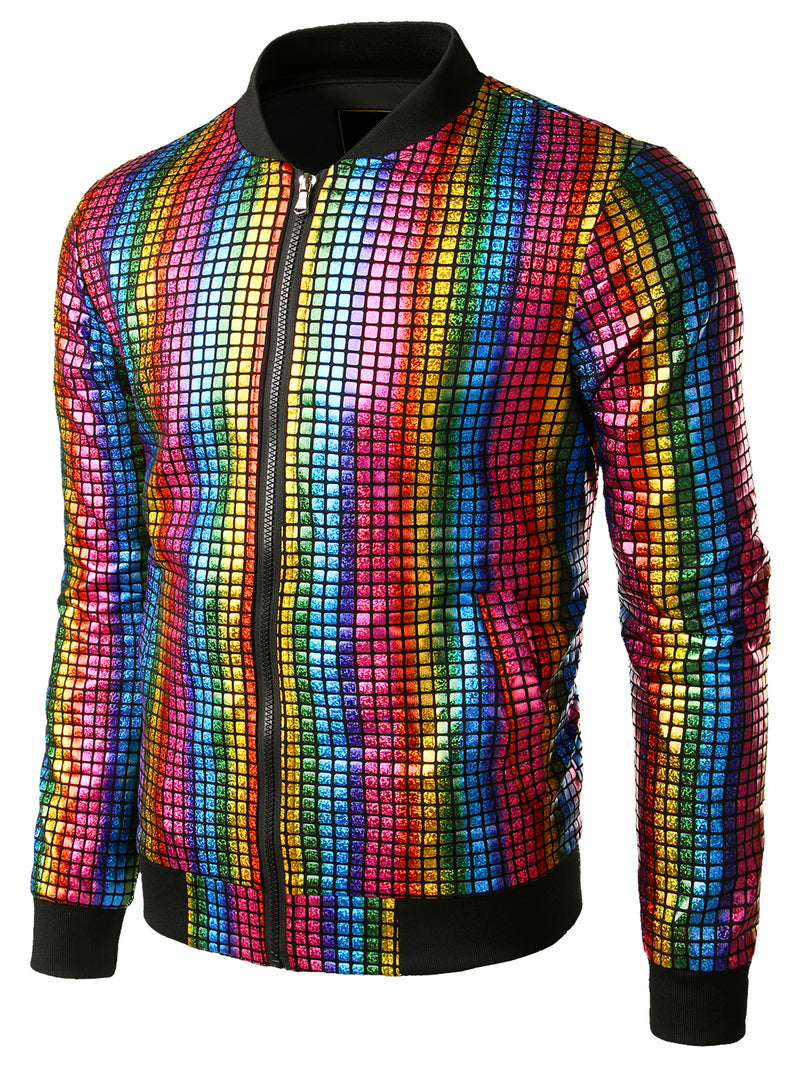 Blouson zippé paillettes métalliques homme costume de soirée disco